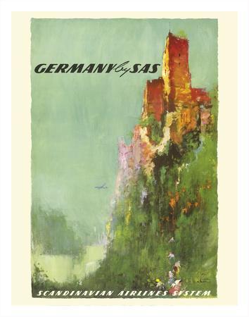 13in x 19in SAS Scandinavian Airlines System Vintage Airline Travel Poster by Otto Nielsen c.1950s Master Art Print Rhine River Valley Castle Germany 13in x 19in SAS Scandinavian Airlines System Vintage Airline Travel Poster by Otto Nielsen c.1950s Master Art Print Rhine River Valley Castle Germany